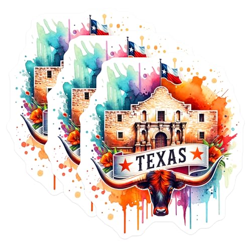 (3 Pack) Texas Decals - Alamo - Longhorn- 3 Inches On Longest Side - Easy Peel & Apply - Made in USA - 3MCS5689
