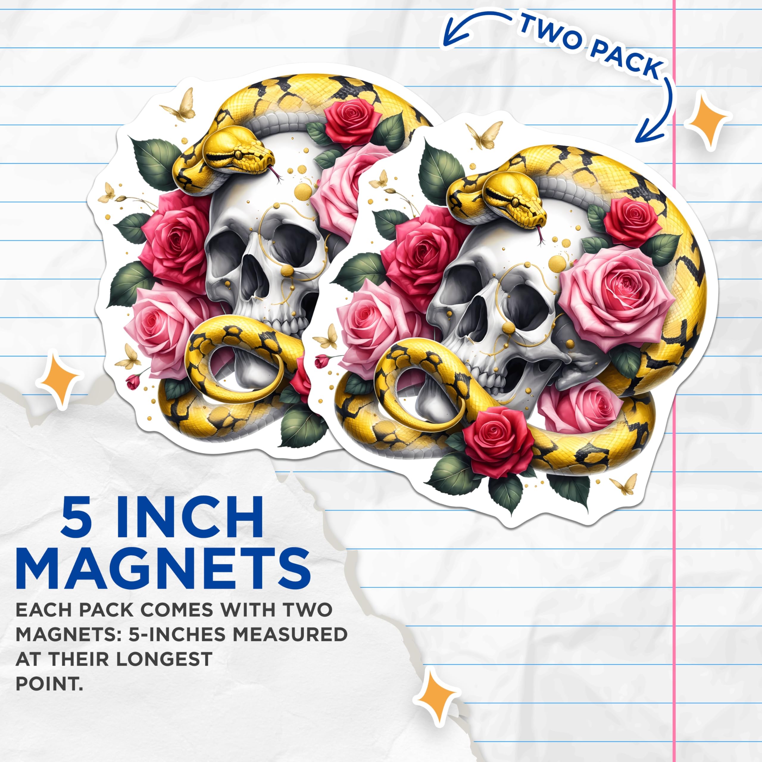 (2 Pack) Skull Serpent Roses Magnets - Gothic Floral Decor - Macabre Beauty Art - Dark Aesthetic Reptile Motif Decor - 5 Inches On Longest Side - Thick Durable Magnet - Made in USA - MAG22540
