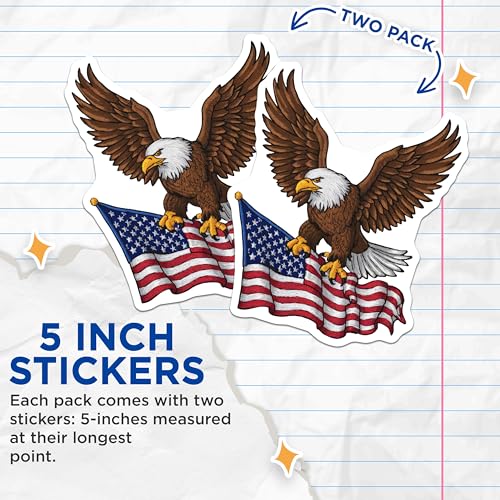 (2 Pack) Bald Eagle Stickers - Patriotic USA Flag Stickers - American Pride Decal - Bird of Prey Stickers - 5" On Longest Side - Sticks to Smooth Flat Surfaces - Made in USA - BMCS6863