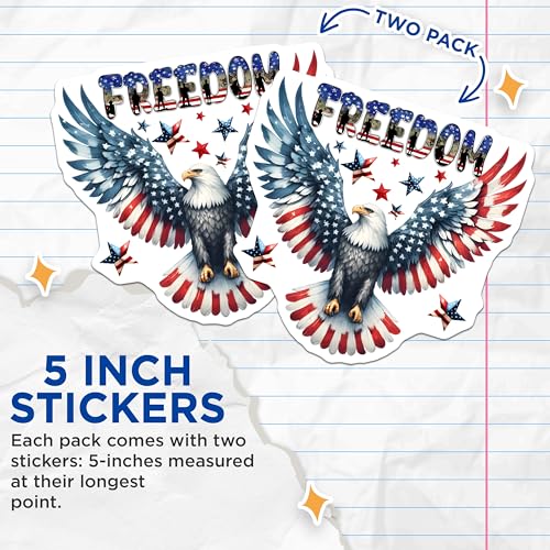 (2 Pack) Freedom Eagle Stickers - Patriotic Bald Eagle Decal - American Independence Day Decor - 5" On Longest Side - Sticks to Smooth Flat Surfaces - Made in USA - BMCS7397