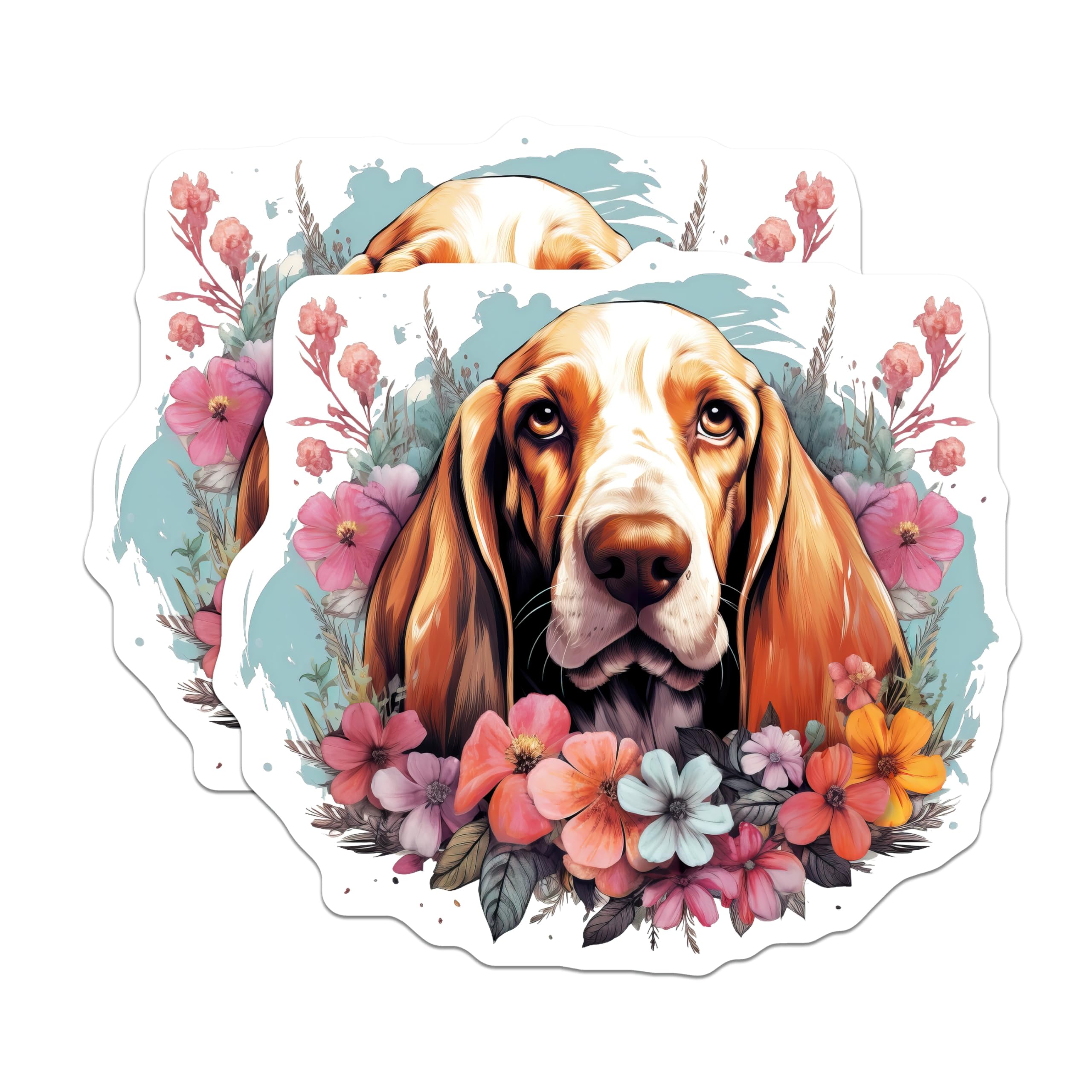 (2 Pack) Basset Hound Dog Magnets - Floral Pet Portrait - Animal Lover Fridge Decor - 5 Inches On Longest Side - Thick Durable Magnet - Made in USA - MAG28859