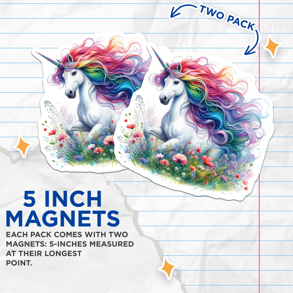 (2 Pack) Rainbow Unicorn Magnets - Magical Creature Decor - Whimsical Floral Fantasy Refrigerator Magnets - 5 Inches On Longest Side - Thick Durable Magnet - Made in USA - MAG36473