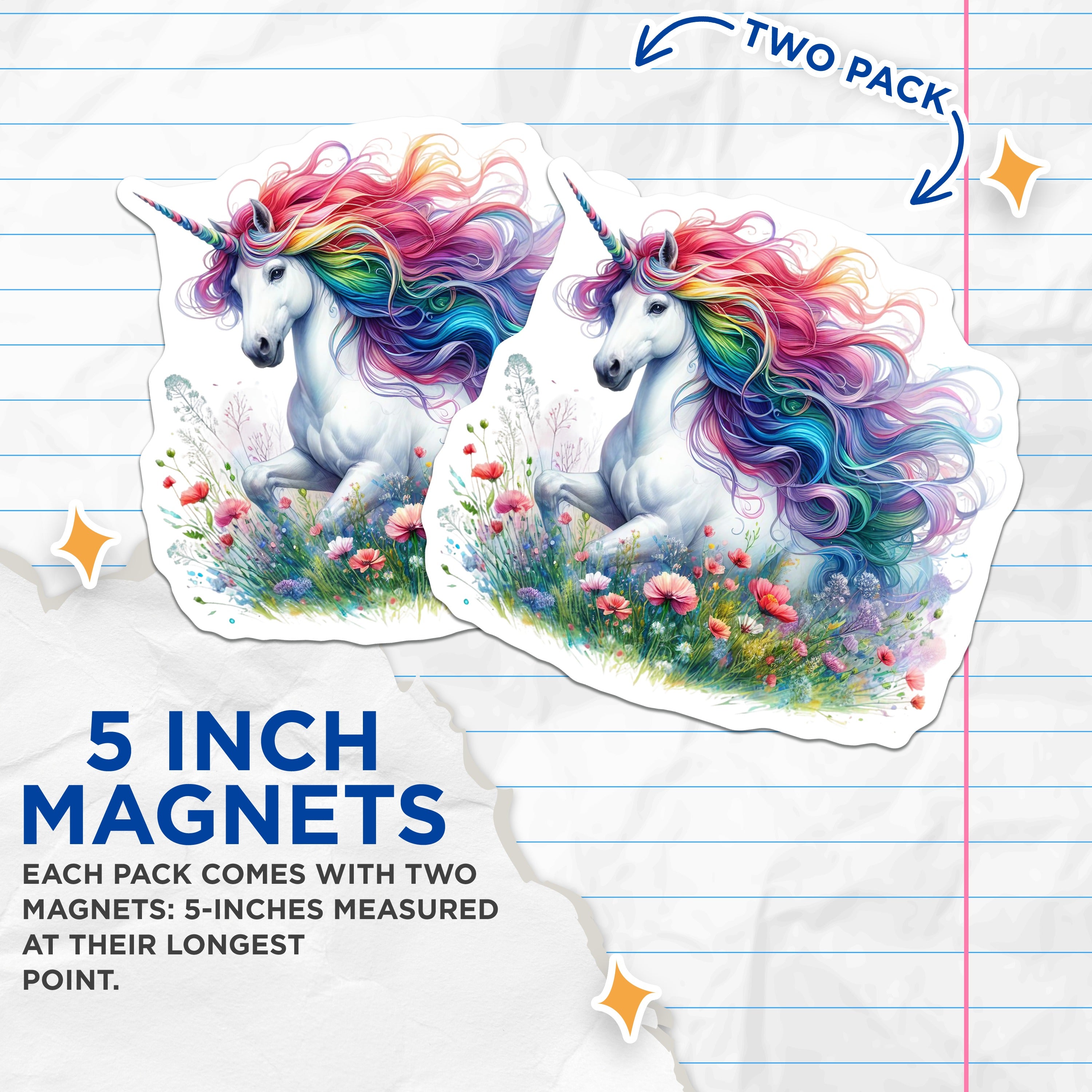 (2 Pack) Rainbow Unicorn Magnets - Magical Creature Decor - Whimsical Floral Fantasy Refrigerator Magnets - 5 Inches On Longest Side - Thick Durable Magnet - Made in USA - MAG36473