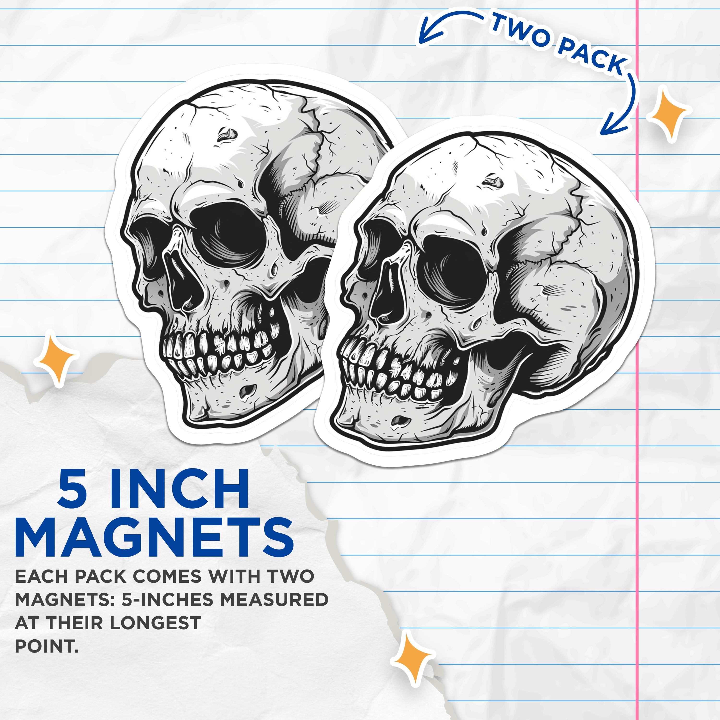 (2 Pack) Skull Head Magnets - Gothic Home Decor - Macabre Kitchen Magnets - Spooky Locker Accessories - 5 Inches On Longest Side - Thick Durable Magnet - Made in USA - MAG37681