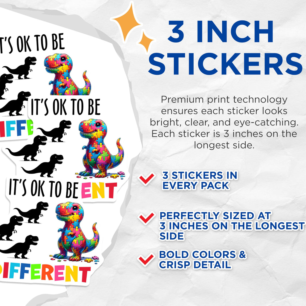 (3 Pack) Autism Dinosaur Decals - It's Ok to Be Different - Puzzle T Rex Laptop Decal - 3 Inches On Longest Side - Easy Peel & Apply - Made in USA - 3MCS1992