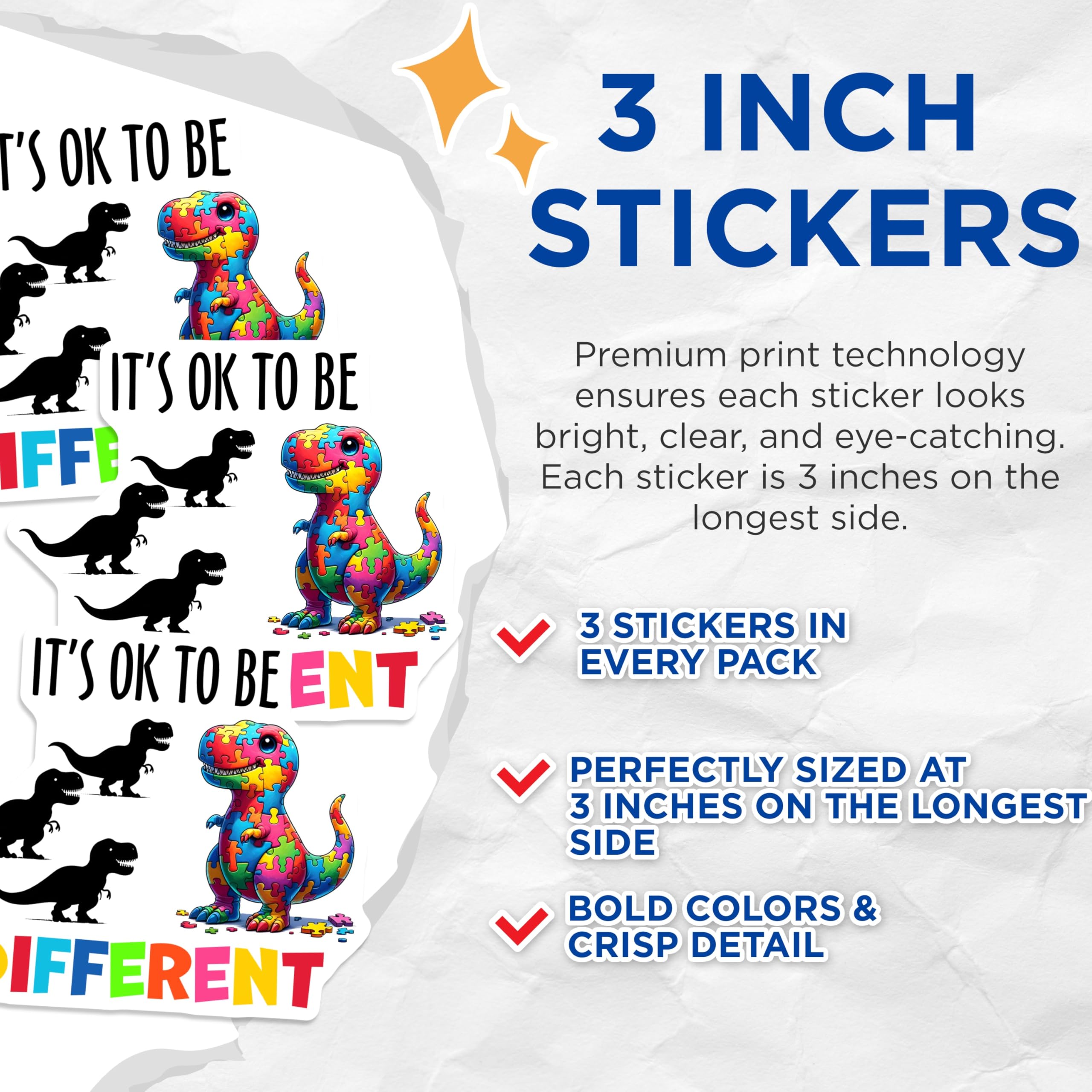 (3 Pack) Autism Dinosaur Decals - It's Ok to Be Different - Puzzle T Rex Laptop Decal - 3 Inches On Longest Side - Easy Peel & Apply - Made in USA - 3MCS1992