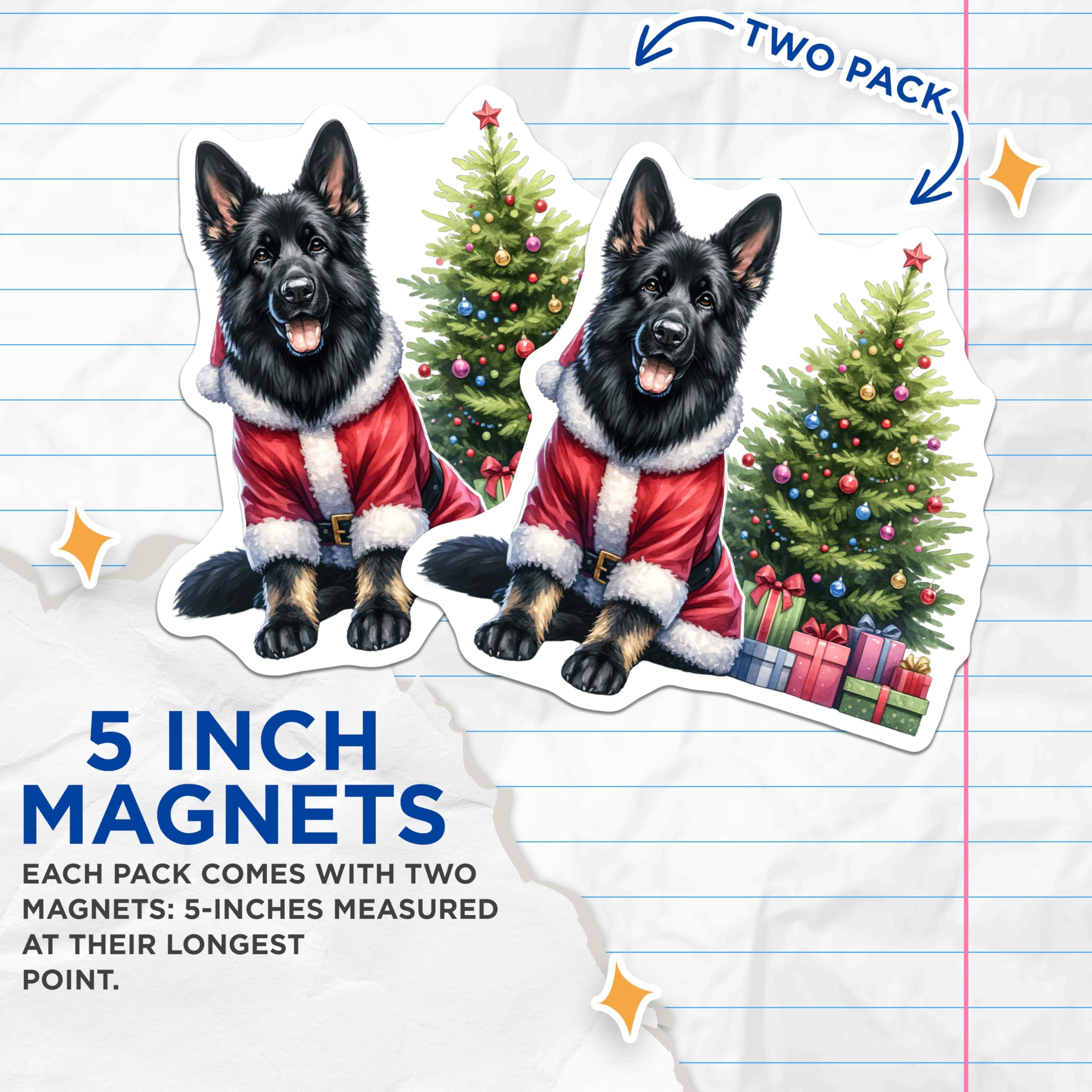(2 Pack) Black German Shepherd Christmas Magnets - Santa Dog Holiday Decor - Pet Lover Winter Art Magnets - 5 Inches On Longest Side - Thick Durable Magnet - Made in USA - MAG28738