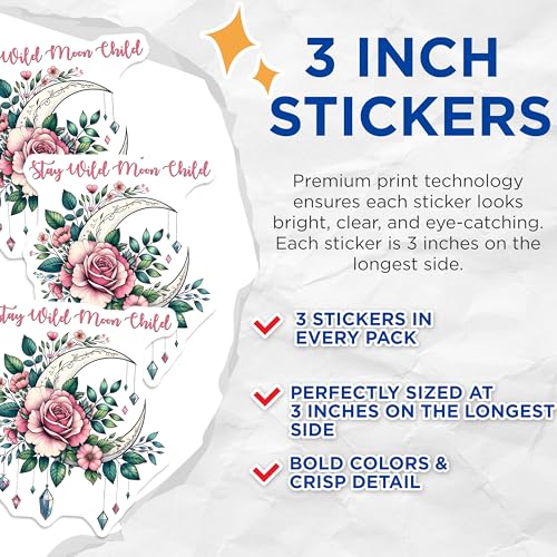 (3 Pack) Moon Child Decals - Floral Crescent Moon Stickers - Boho Laptop Stickers - 3 Inches On Longest Side - Easy Peel & Apply - Made in USA - 3MCS6826