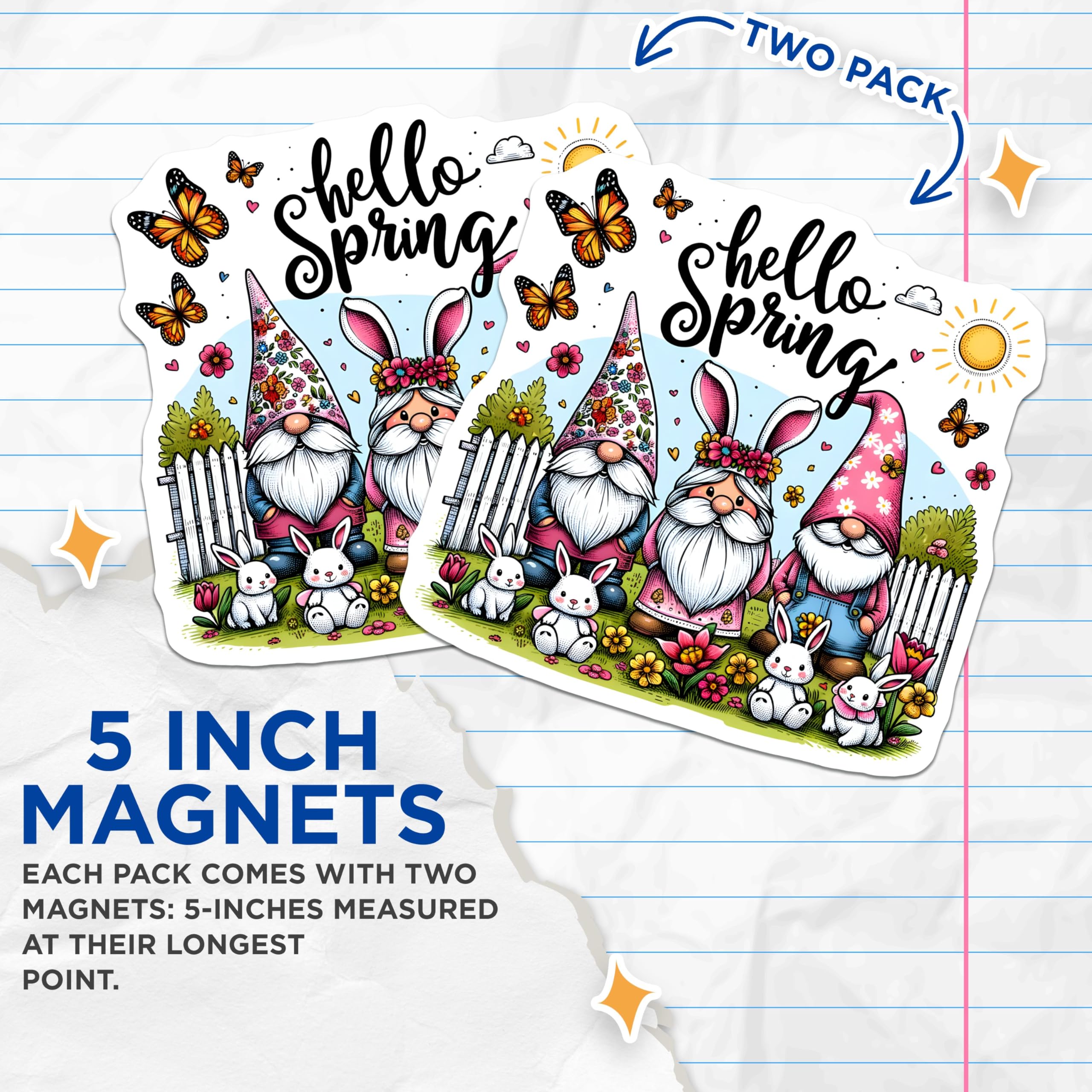 (2 Pack) Hello Spring Magnets - Gnome Bunny Garden Decor - Cute Spring Gnome Art - 5" On Longest Side - for Cars, Fridges, Toolboxes - Made in USA - MAG7999