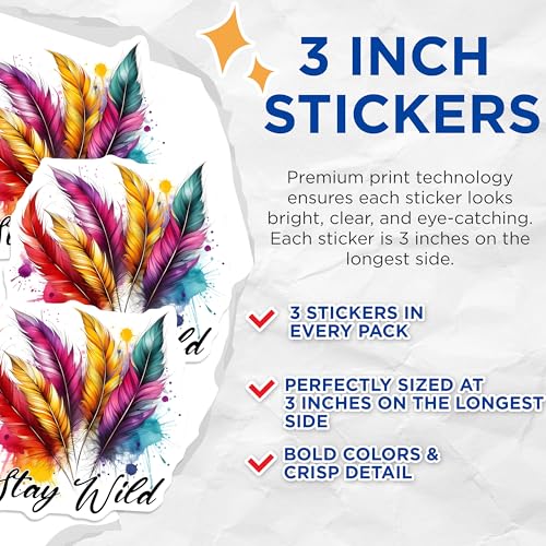 (3 Pack) Feather Decals - Bohemian Stickers - Laptop Decals - Stay Wild - 3 Inches On Longest Side - Easy Peel & Apply - Made in USA - 3MCS6312