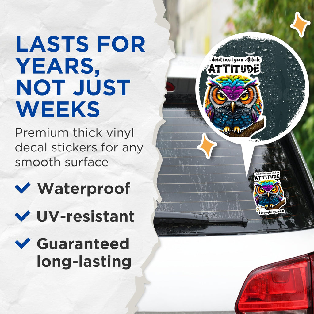 (2 Pack) Attitude Owl Stickers - Colorful Owl Art Stickers - Funny Attitude Stickers - 5" On Longest Side - Sticks to Any Smooth Flat Surface - Made in USA - BMCS2936