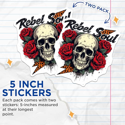 (2 Pack) Rebel Soul Stickers - Skull and Roses Stickers - Rock n Roll Art Stickers - 5" On Longest Side - Sticks to Smooth Flat Surfaces - Made in USA - BMCS4678