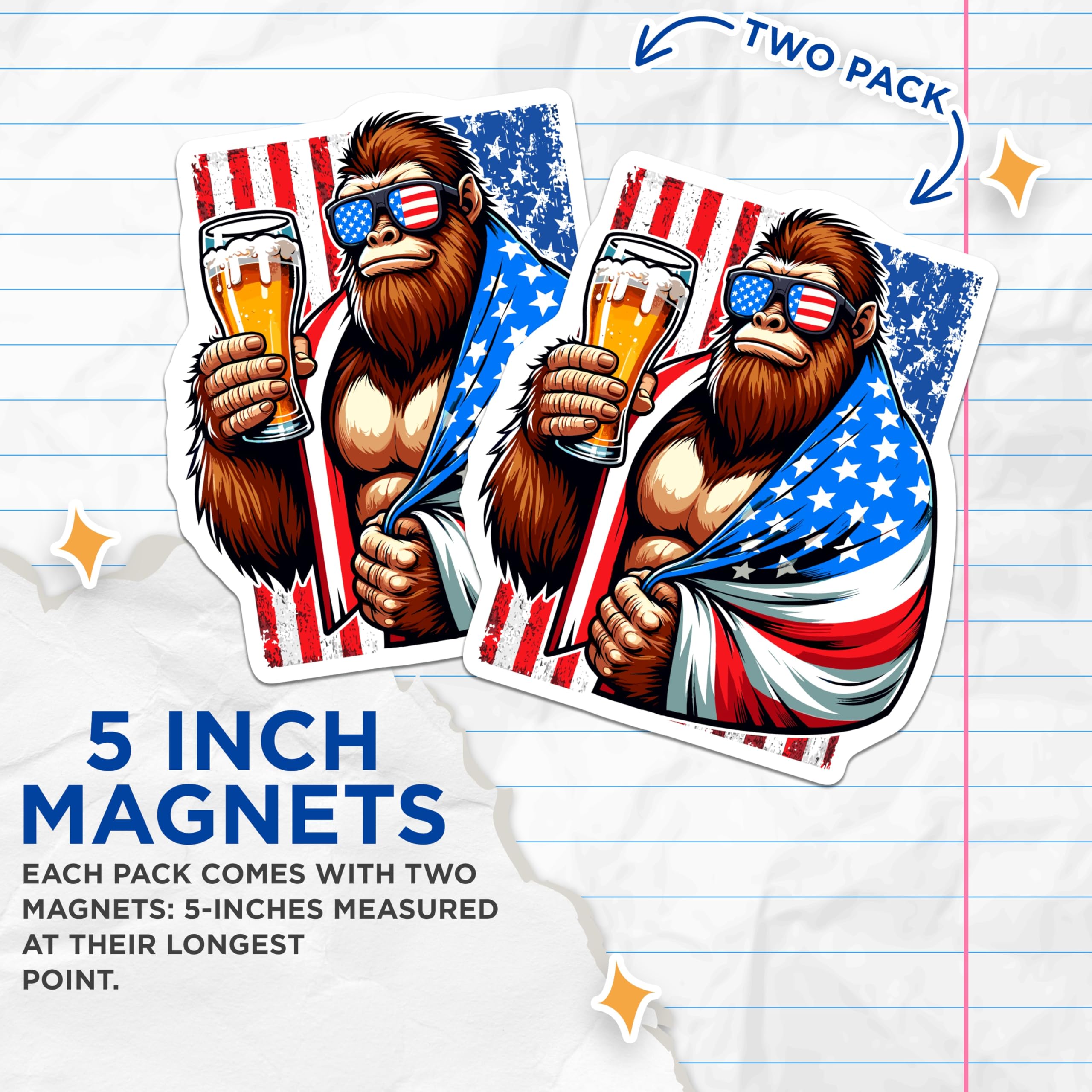 (2 Pack) Bigfoot Magnets - American Flag Sasquatch Beer Decor - Patriotic Cryptozoology Refrigerator Art - 5 Inches On Longest Side - Thick Durable Magnet - Made in USA - MAG21287