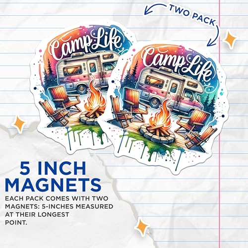 (2 Pack) Camp Life Magnets - RV Camping - Campfire Decor - Outdoor Adventure - Campers Delight - 5" On Longest Side - for Cars, Fridges, Toolboxes - Made in USA - MAG7183