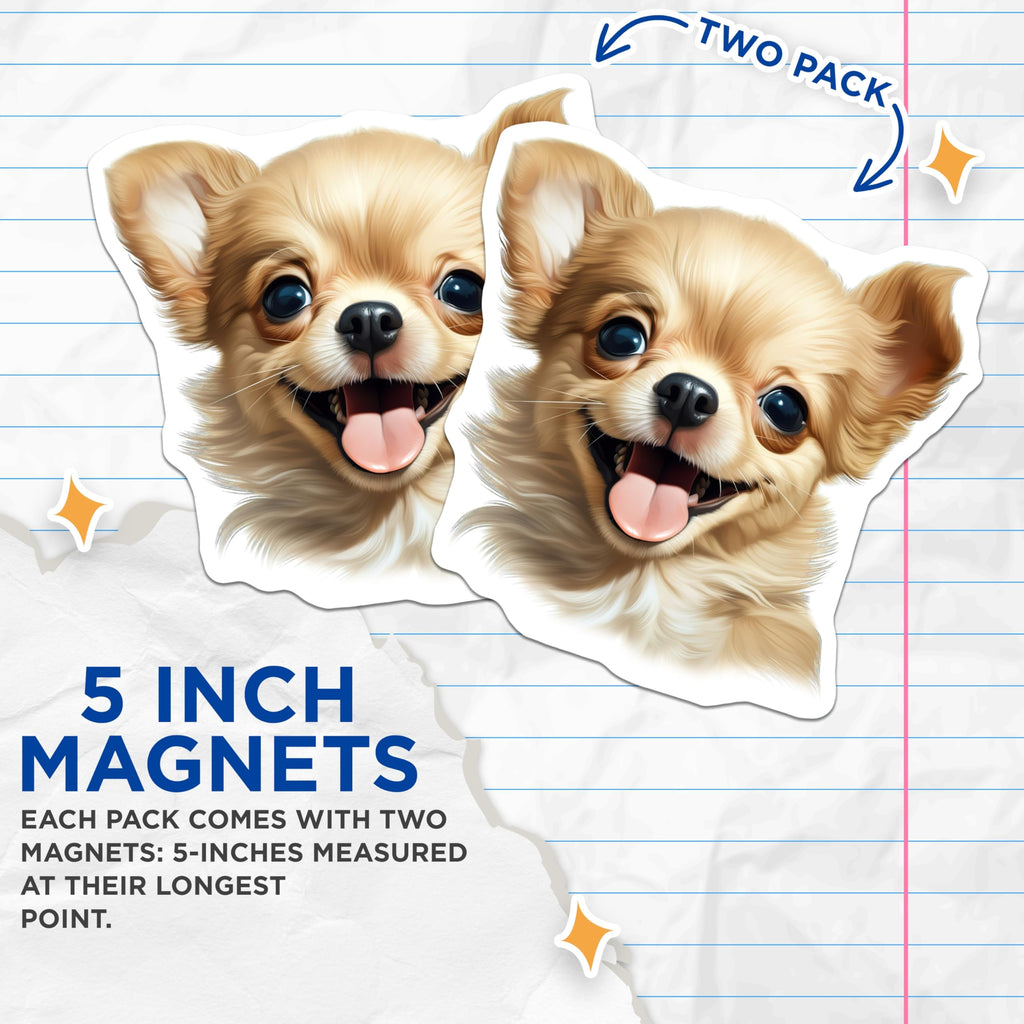 (2 Pack) Happy Chihuahua Puppy Magnets - Adorable Dog Lover Kitchen Fridge Magnet Decor - Cute Pet Animal Enthusiast - 5 Inches On Longest Side - Thick Durable Magnet - Made in USA - MAG25772