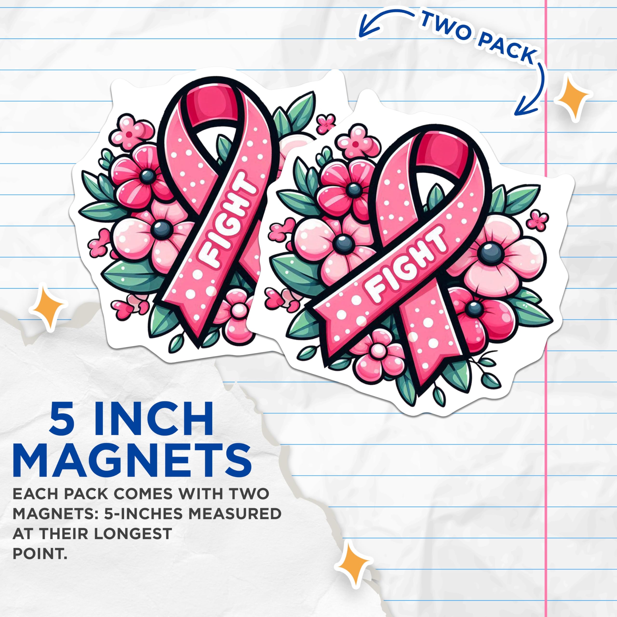 (2 Pack) Breast Cancer Awareness Magnets - Pink Ribbon Flowers - Fight Cancer Supporter - 5" On Longest Side - Premium Magnet - for Cars, Refrigerators, Toolboxes, Lockers - Made in USA - MAG16861