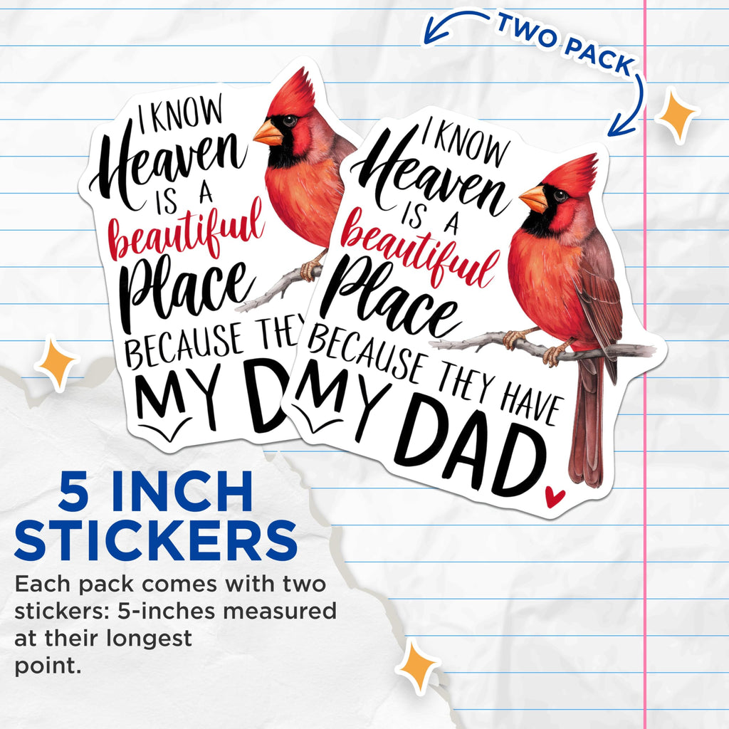 (2 Pack) Cardinal Memorial Stickers - Dad Remembrance Decals - 5" On Longest Side - Sticks to Smooth Flat Surfaces - Made in USA - BMCS8895 - BMCS8895