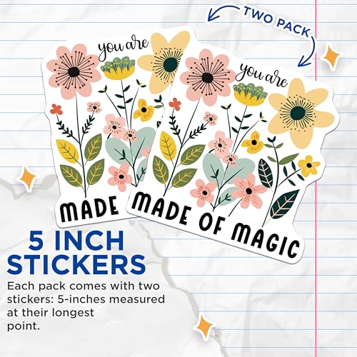 (2 Pack) Made of Magic Stickers - Floral Stickers - Motivational Decal Stickers - 5" On Longest Side - Sticks to Smooth Flat Surfaces - Made in USA - BMCS3862