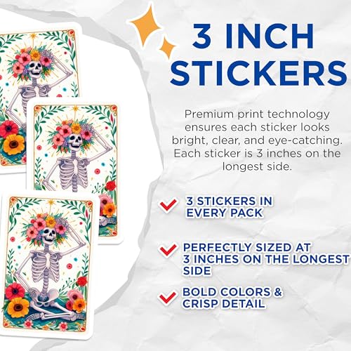 (3 Pack) Floral Skeleton Decals - Flower Crown - Laptop Decal - 3 Inches On Longest Side - Easy Peel & Apply - Made in USA - 3MCS8209