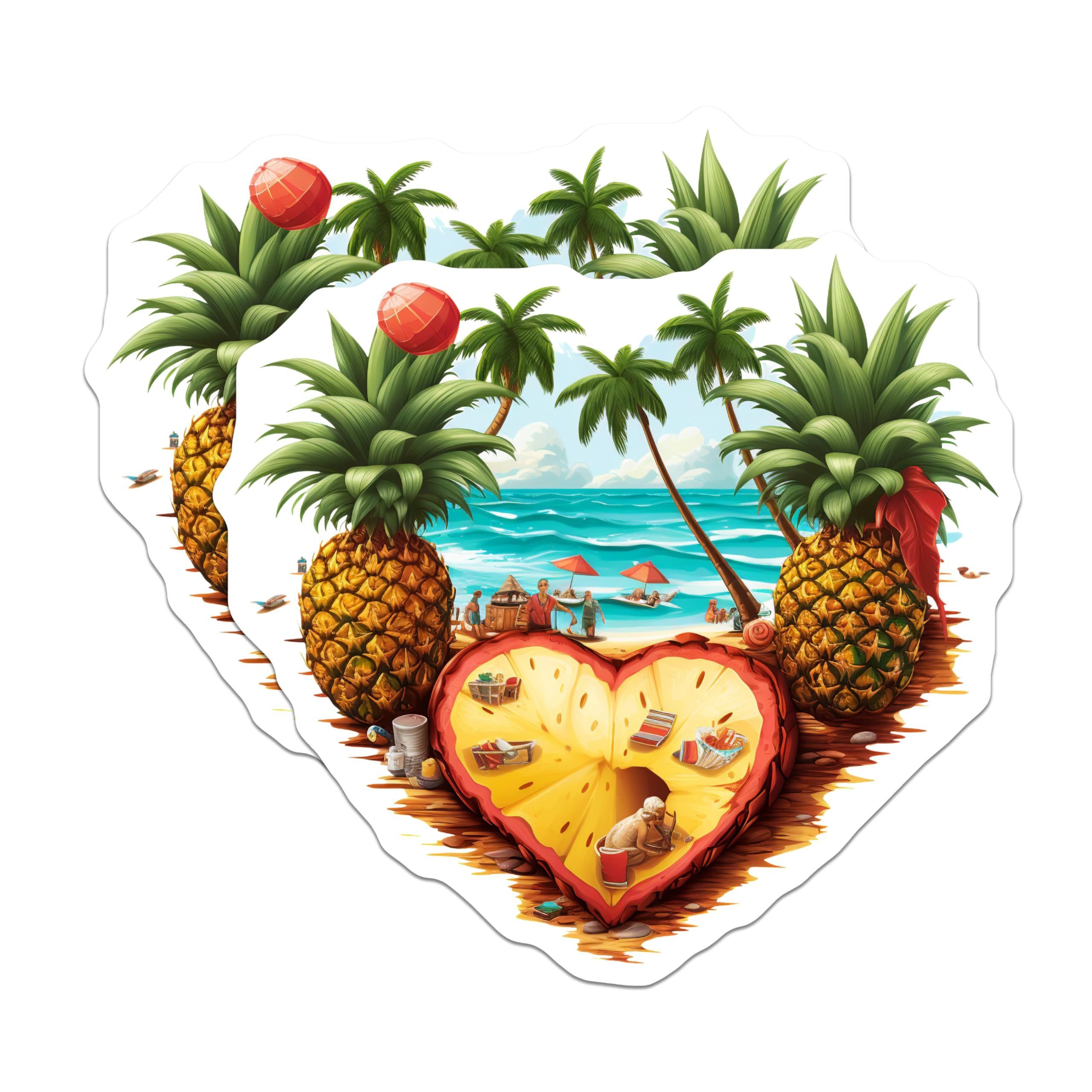 (2 Pack) Tropical Beach Magnets - Pineapple Heart Scene - Summer Vacation Decor - Island Life Fridge Magnets - 5 Inches On Longest Side - Thick Durable Magnet - Made in USA - MAG20056