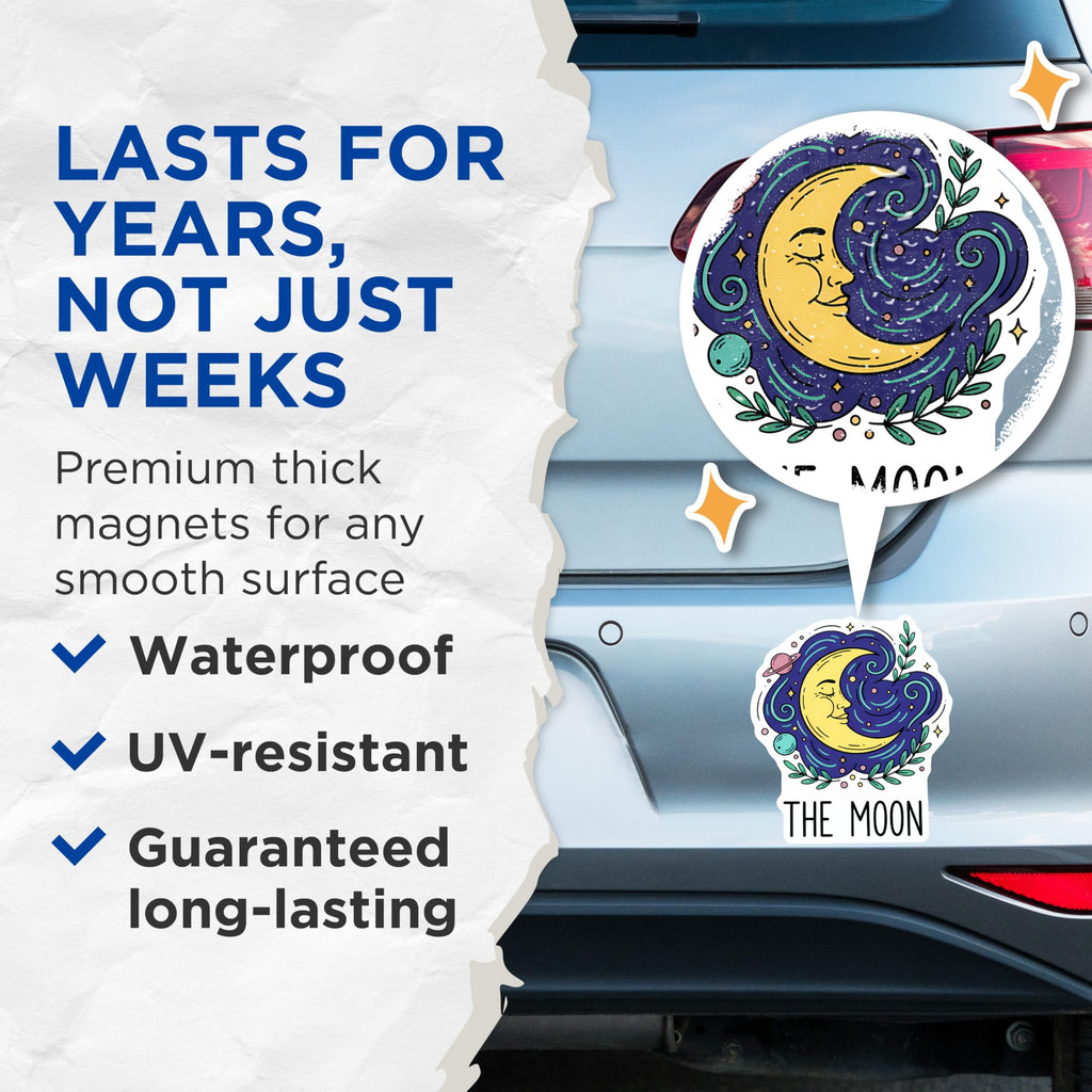 (2 Pack) Celestial Sleepy Moon Face Magnets - Mystical Space Refrigerator Accents - Enchanting Night Sky Emblem - 5 Inches On Longest Side - Thick Durable Magnet - Made in USA - MAG21685