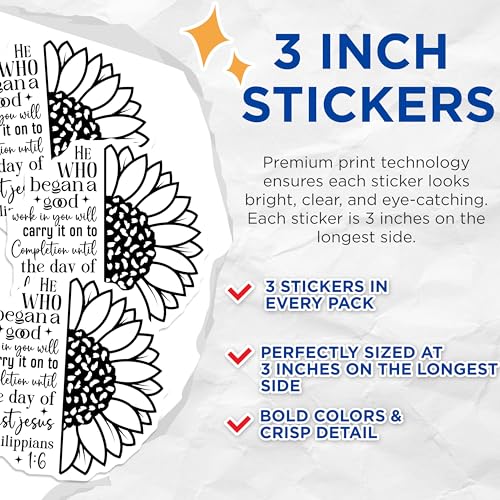 (3 Pack) Christian Sunflower Decals - Religious Laptop Stickers - Inspirational Philippians Quote - 3 Inches On Longest Side - Easy Peel & Apply - Made in USA - 3MCS2625