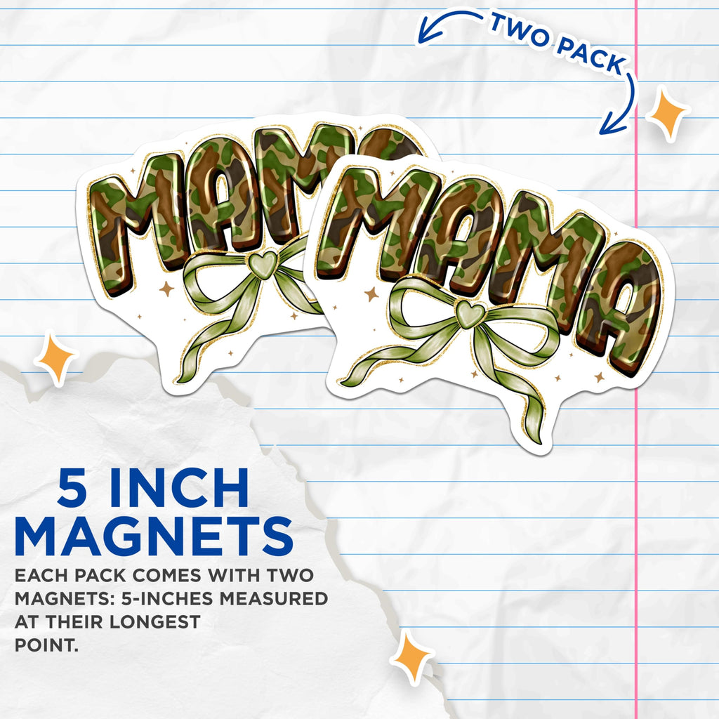 (2 Pack) Camo Mama Magnets - Military Mom Accessories - Proud Service Family - Mother's Day Ideas for Her - 5 Inches On Longest Side - Thick Durable Magnet - Made in USA - MAG26545