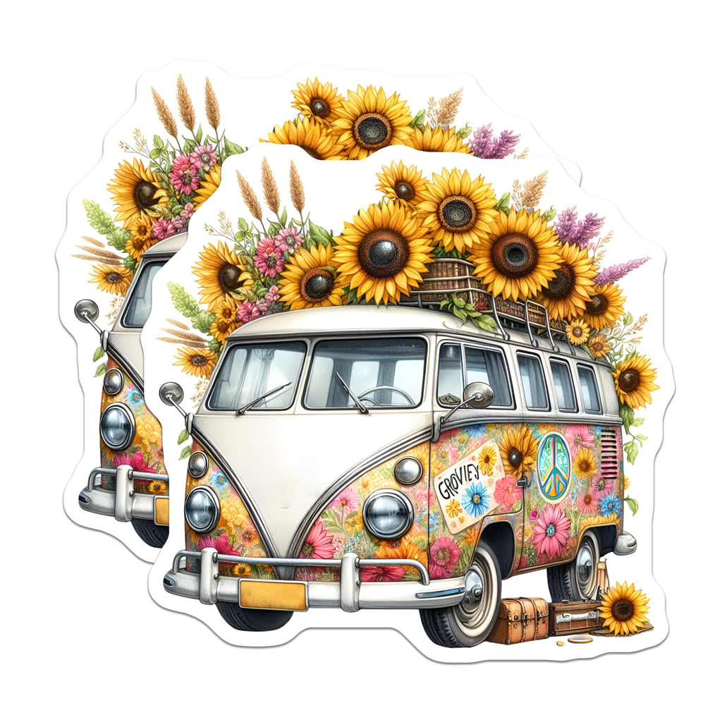(2 Pack) Vintage Volkswagen Van Stickers - Floral Hippie Van - Sunflower Groovy Peace Decals for Car Laptop Water Bottle - 5" On Longest Side - Sticks to Smooth Flat Surfaces - Made in USA - BMCS8858