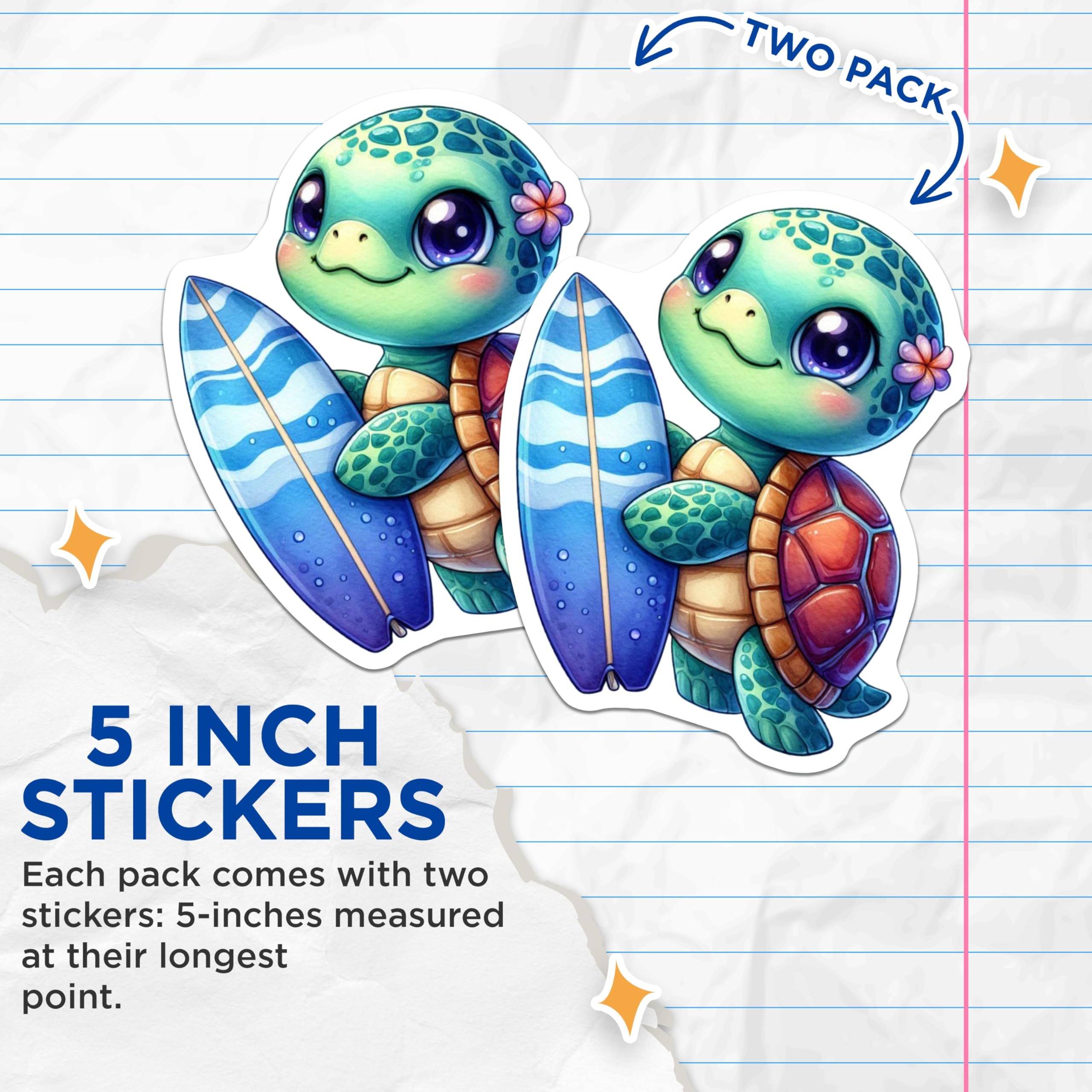 (2 Pack) Adorable Surfing Sea Turtle Stickers - Kawaii Ocean Animal Decals - Tropical Beach Summer Vacation Decor - 5" On Longest Side - Sticks to Smooth Flat Surfaces - Made in USA - BMCS21606