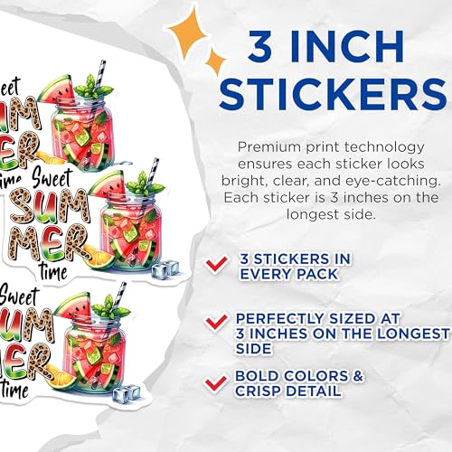 (3 Pack) Sweet Summer Time Decals - Summer Cocktail Stickers - Watermelon Drink Decals - 3 Inches On Longest Side - Easy Peel & Apply - Made in USA - 3MCS7073