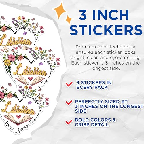 (3 Pack) Librarian Decals - Floral Librarian - Book Lover Decal - 3 Inches On Longest Side - Easy Peel & Apply - Made in USA - 3MCS1778