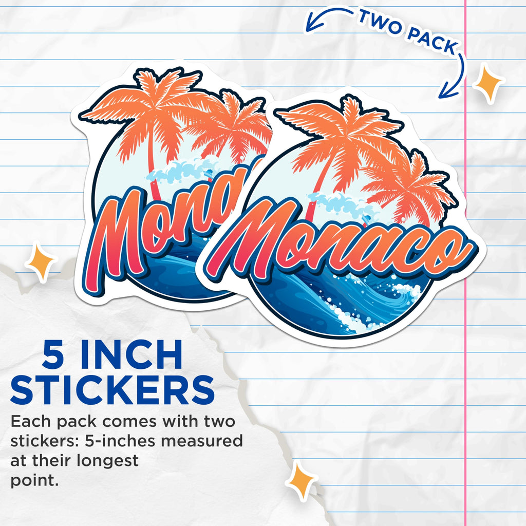 (2 Pack) Monaco Stickers - Travel Stickers - Palm Tree Decals - 5" On Longest Side - Sticks to Smooth Flat Surfaces - Made in USA - BMCS18486