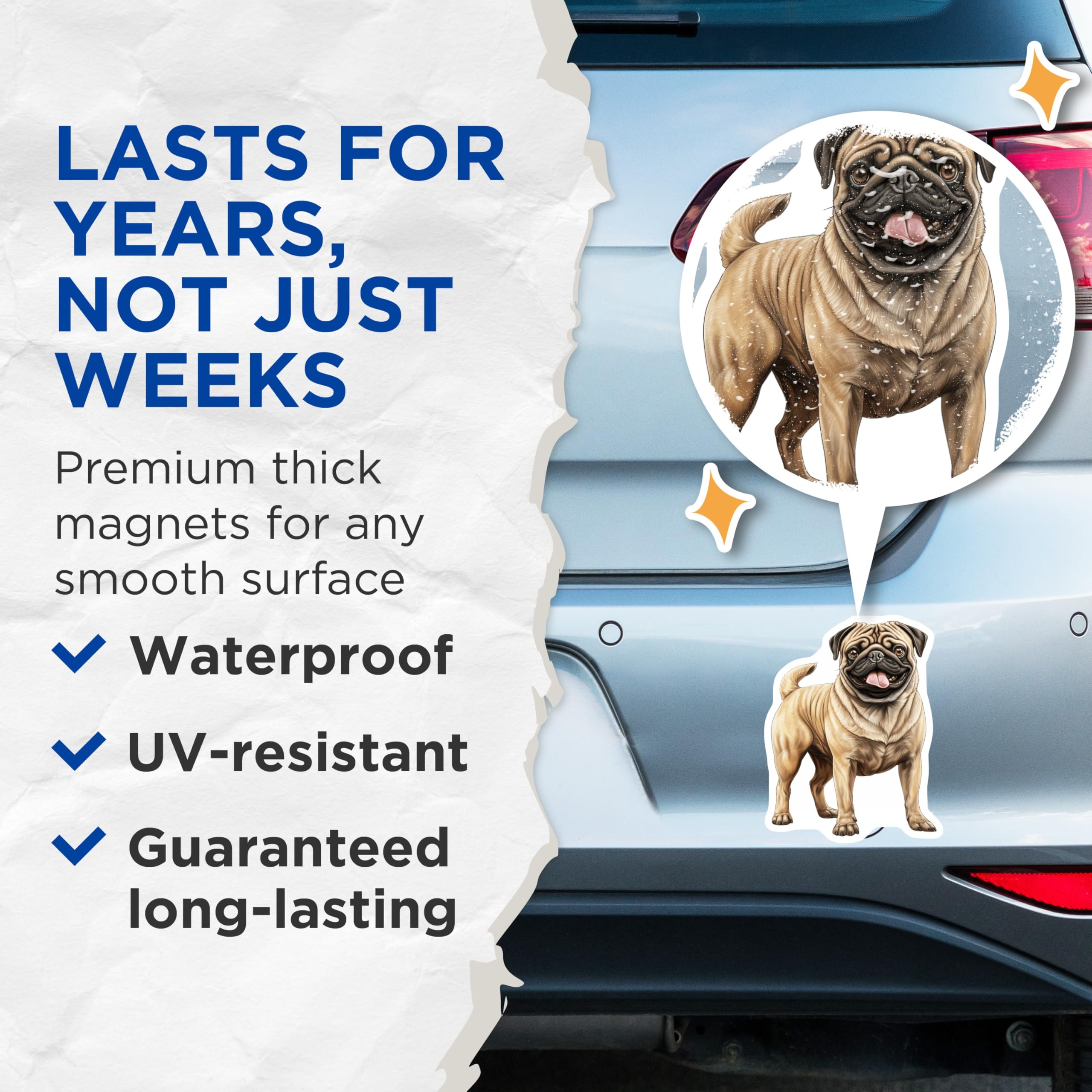 (2 Pack) Fawn Pug Dog Magnets - Happy Pug Lover Decor - Cute Animal Illustration Refrigerator Magnet - 5 Inches On Longest Side - Thick Durable Magnet - Made in USA - MAG27840