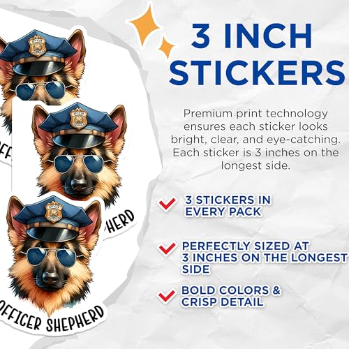 (3 Pack) Officer Shepherd Decals - Dog Cop Sticker - German Shepherd Art - 3 Inches On Longest Side - Easy Peel & Apply - Made in USA - 3MCS2435