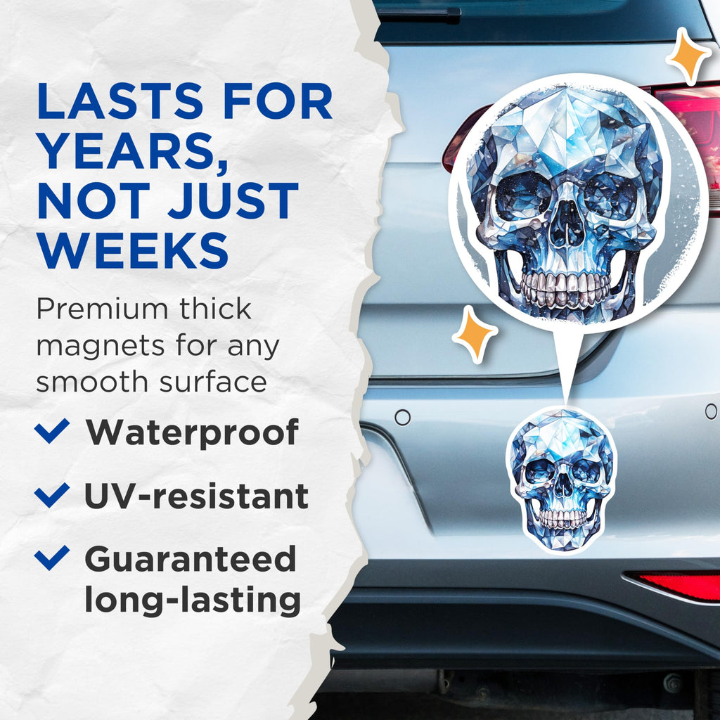 (2 Pack) Blue Diamond Skull Magnets - Faceted Gemstone Art - Gothic Home Accessories - 5 Inches On Longest Side - Thick Durable Magnet - Made in USA - MAG22795