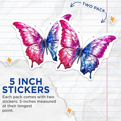 (2 Pack) Butterfly Stickers - Colorful Butterfly Art Decal - Aesthetic Wall Butterfly Stickers - 5" On Longest Side - Sticks to Smooth Flat Surfaces - Made in USA - BMCS7000