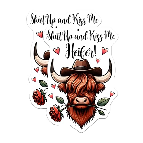 (2 Pack) Funny Highland Cow Magnets - Shut Up and Kiss Me Heifer Magnets - Cute Animal Lovers Magnets - 5" On Longest Side - for Cars, Refrigerators, Toolboxes, Lockers - Made in USA BMCS3154