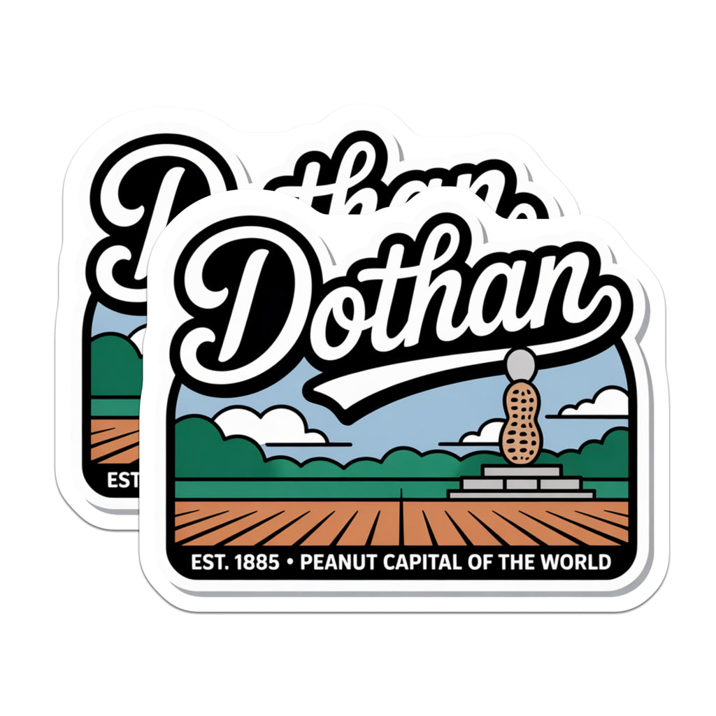 (2 Pack) Dothan Alabama Stickers - Peanut Capital of The World - City Souvenir - 5" On Longest Side - Sticks to Smooth Flat Surfaces - Made in USA - BMCS18853