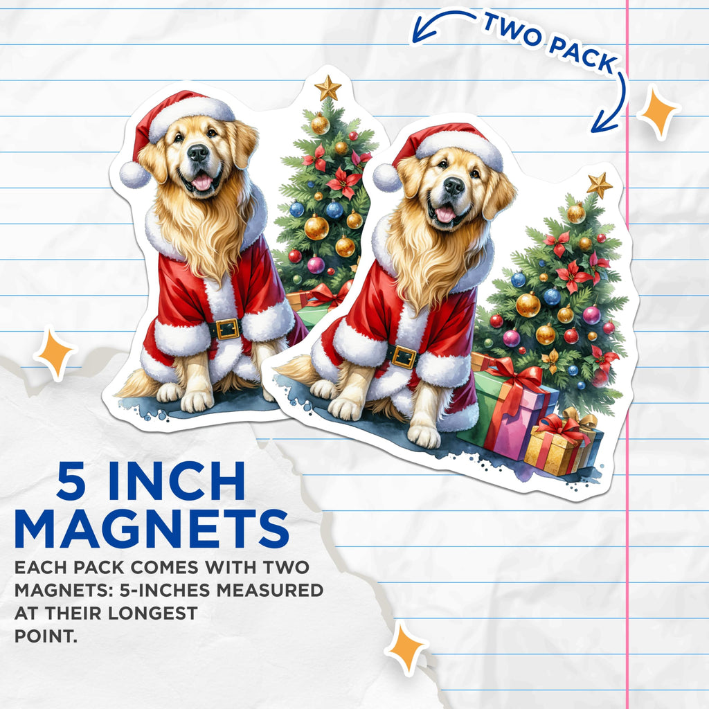 (2 Pack) Golden Retriever Christmas Magnets - Santa Dog Holiday Decor - Dog Lover Refrigerator Art - 5 Inches On Longest Side - Thick Durable Magnet - Made in USA - MAG27349