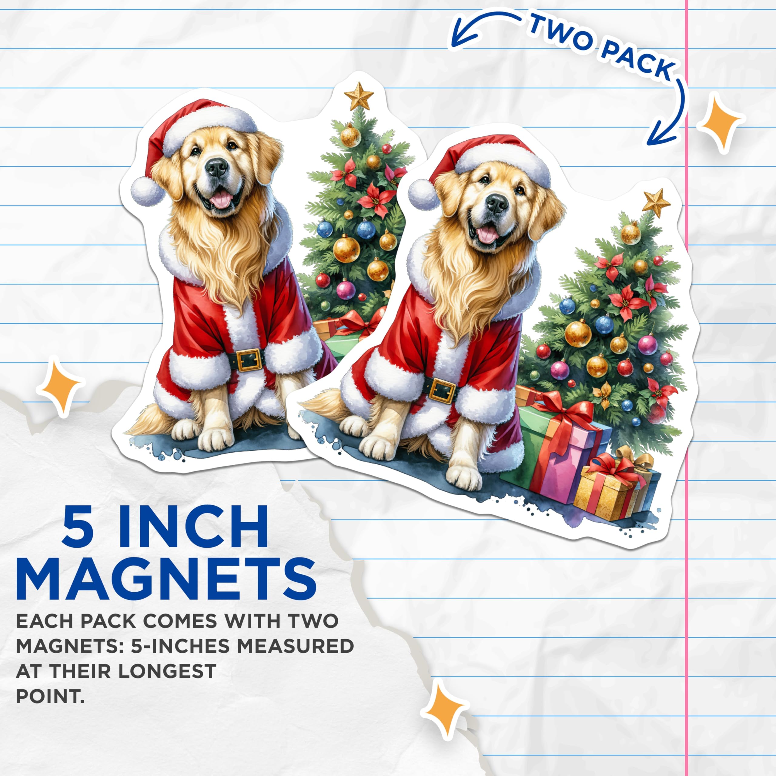 (2 Pack) Golden Retriever Christmas Magnets - Santa Dog Holiday Decor - Dog Lover Refrigerator Art - 5 Inches On Longest Side - Thick Durable Magnet - Made in USA - MAG27349
