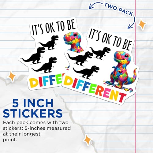 (2 Pack) It's OK to Be Different Stickers - Dinosaur Puzzle Stickers - Inspirational T-Rex Stickers for Kids - 5" On Longest Side - Sticks to Any Smooth Flat Surface - Made in USA - BMCS3213