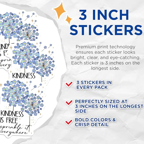 (3 Pack) Kindness is Free Decals - Floral Laptop Decals - Inspirational Quote Stickers - 3 Inches On Longest Side - Easy Peel & Apply - Made in USA - 3MCS2935