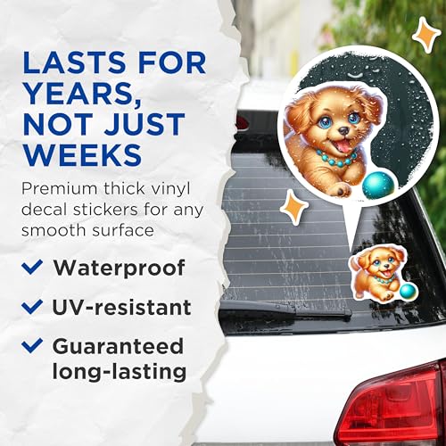 (2 Pack) Adorable Puppy Stickers - Cute Dog Lover - Cartoon Pet Design - 5" On Longest Side - Sticks to Smooth Flat Surfaces - Made in USA - BMCS9440