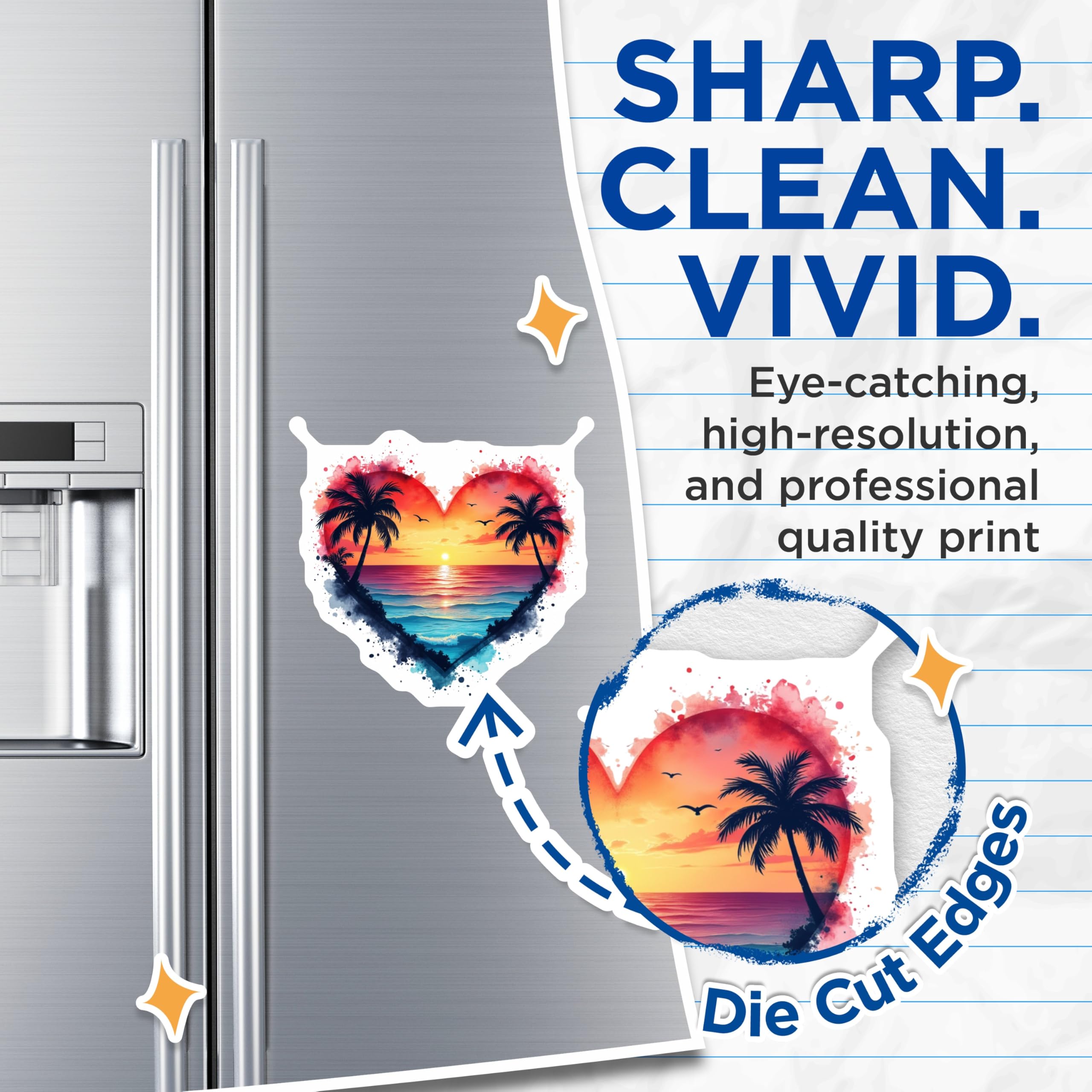 (2 Pack) Tropical Sunset Magnets - Heart Beach Art Scene - Vibrant Ocean Palm Tree Decor - Aesthetic Summer Vacation Vibes - 5 Inches On Longest Side - Thick Durable Magnet - Made in USA - MAG23454