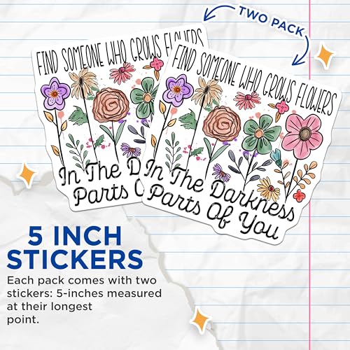 (2 Pack) Find Someone Who Grows Flowers Stickers - Inspirational Floral Stickers - Positive Quote Stickers - 5" On Longest Side - Sticks to Smooth Flat Surfaces - Made in USA - BMCS6099