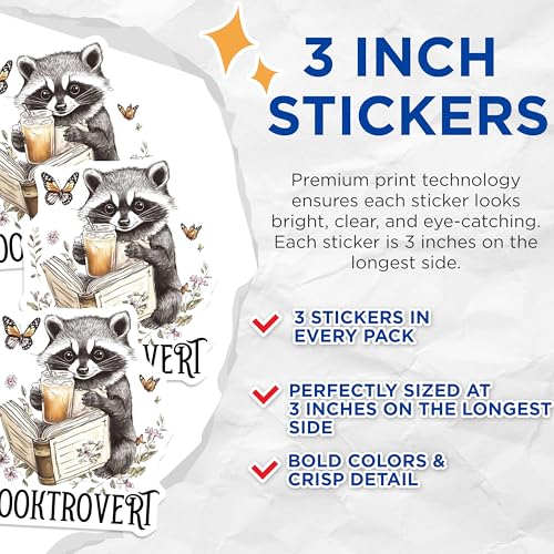 (3 Pack) Booktrovert Raccoon Decals - Reading Animal - Literary Stickers - 3 Inches On Longest Side - Easy Peel & Apply - Made in USA - 3MCS4981