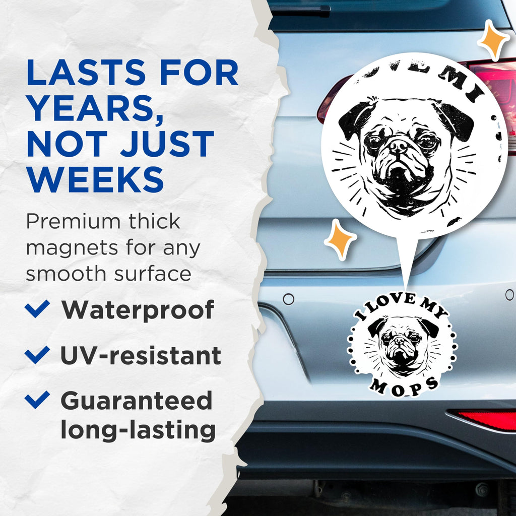 (2 Pack) I Love My Mops Magnets - Cute Dog Lover Magnets - Pug Owner Magnets - Puppy Decor Magnets for Home- 5" On Longest Side - for Fridges, Toolboxes, Cars - Made in USA - MAG2974