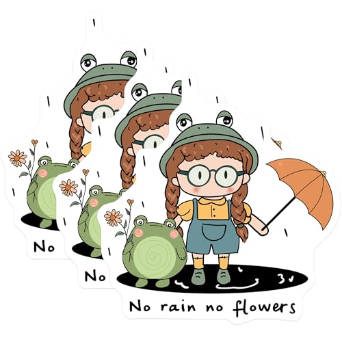 (3 Pack) Girl and Frog Decals - No Rain No Flowers - Laptop Stickers- 3 Inches On Longest Side - Easy Peel & Apply - Made in USA - 3MCS5248
