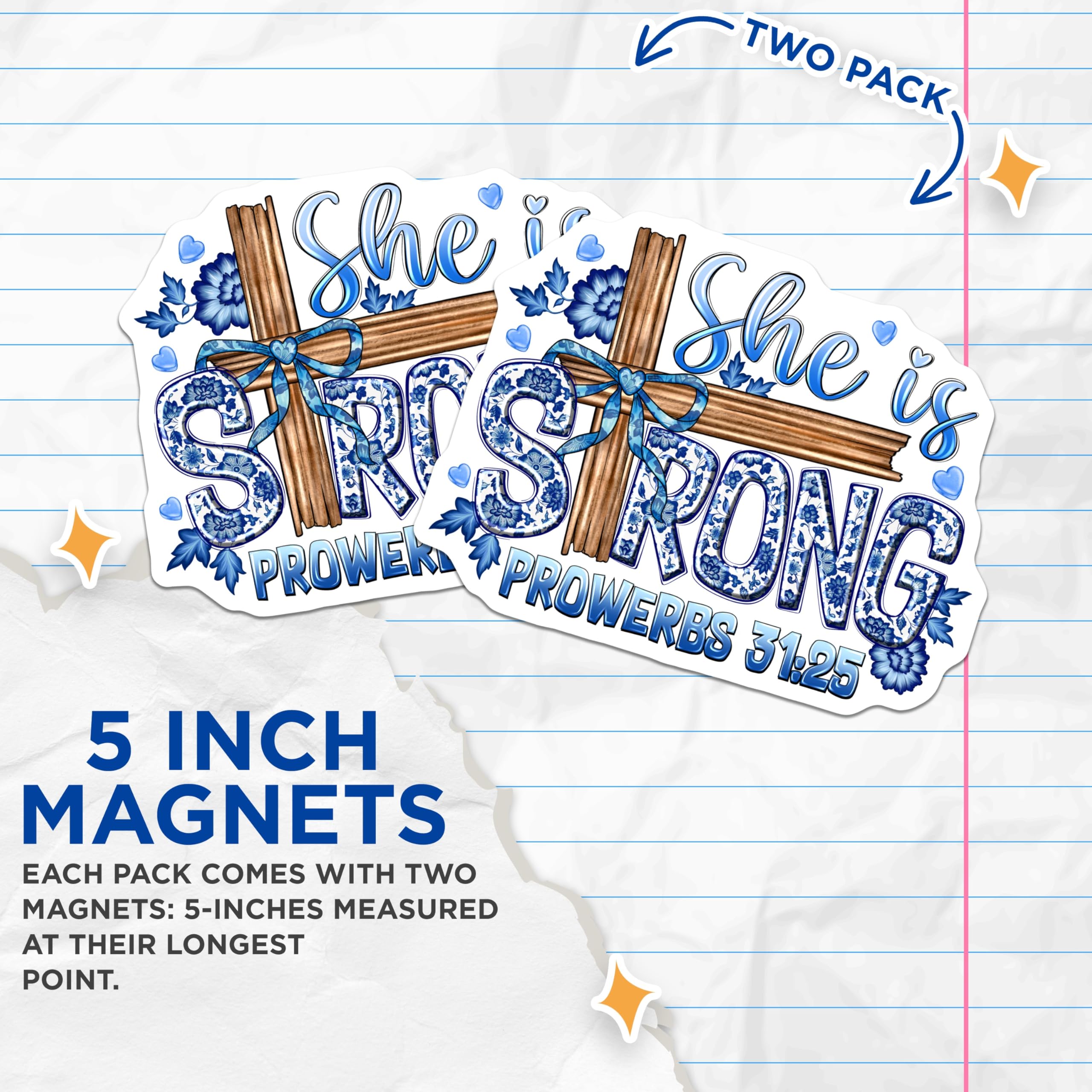 (2 Pack) She is Strong Magnets - Proverbs 31 25 Decor - Christian Woman Art - 5 Inches On Longest Side - Thick Durable Magnet - Made in USA - MAG27911