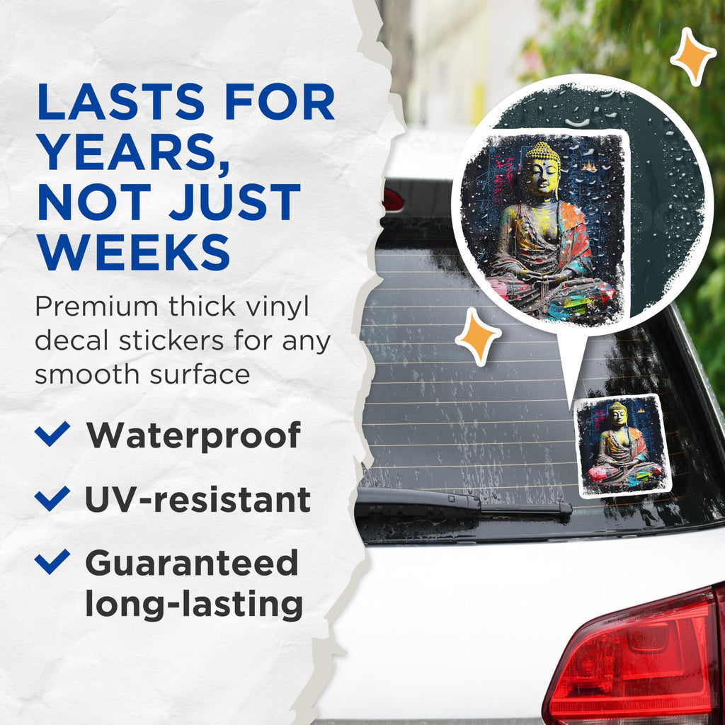 (2 Pack) Buddha Meditation Stickers - Colorful Buddha Art Stickers - Zen Spiritual Stickers - 5" On Longest Side - Sticks to Any Smooth Flat Surface - Made in USA - BMCS3372